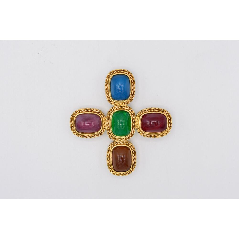 Givenchy Vintage Gripoix Byzantine Cross Pin Brooch Cabochon Glass Signed BinF - Picture 9 of 12